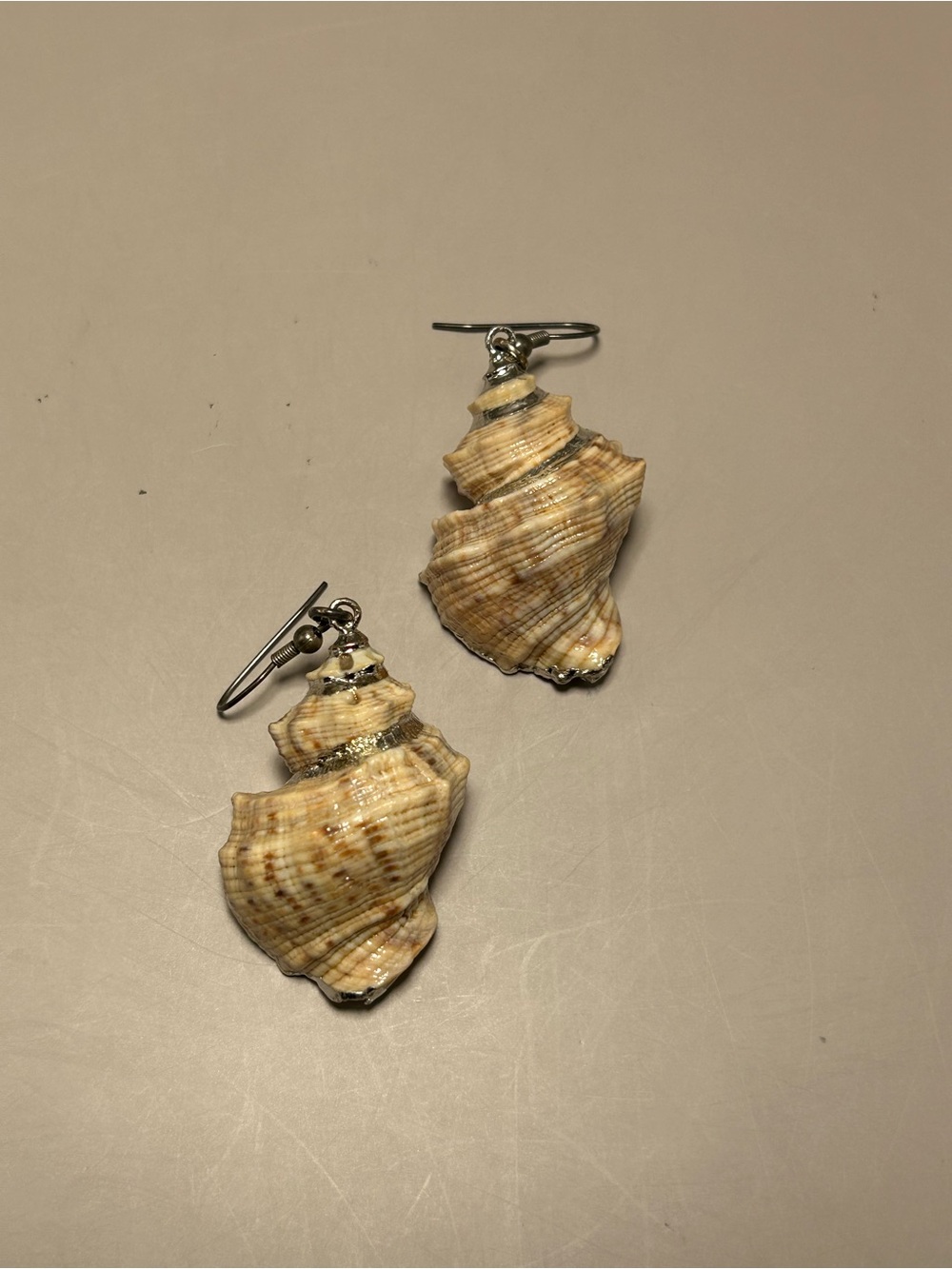 Real Shell Drop Earrings in Natural Beige with Silver Accents